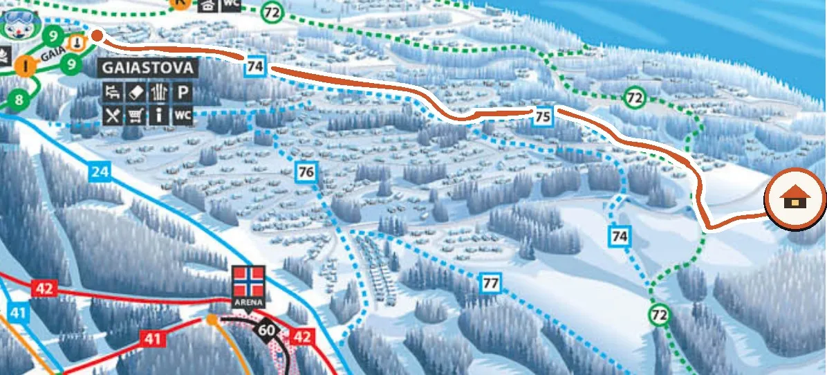 Piste map: the ski-in route from Gaiastova along trails 74, 75 and 72 back to the cabin