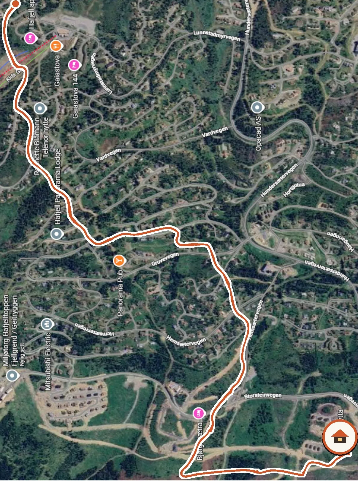 Satellite map: the route from Gaiastova back to the cabin
