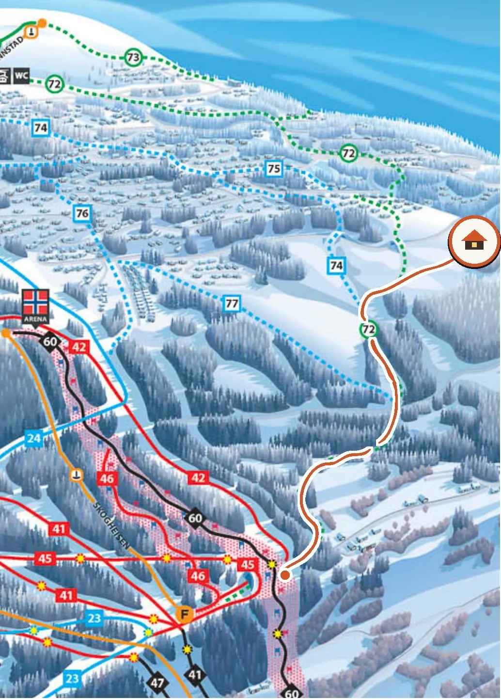 Piste map: the ski-out route from the cabin down trail 72 to the alpine area